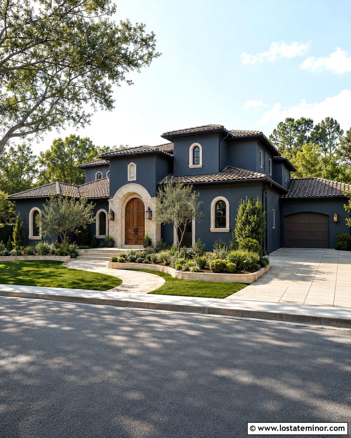 Slate Grey House With Arched Cedar Front Door - 30 Slate Grey House Design With Entry Door Ideas