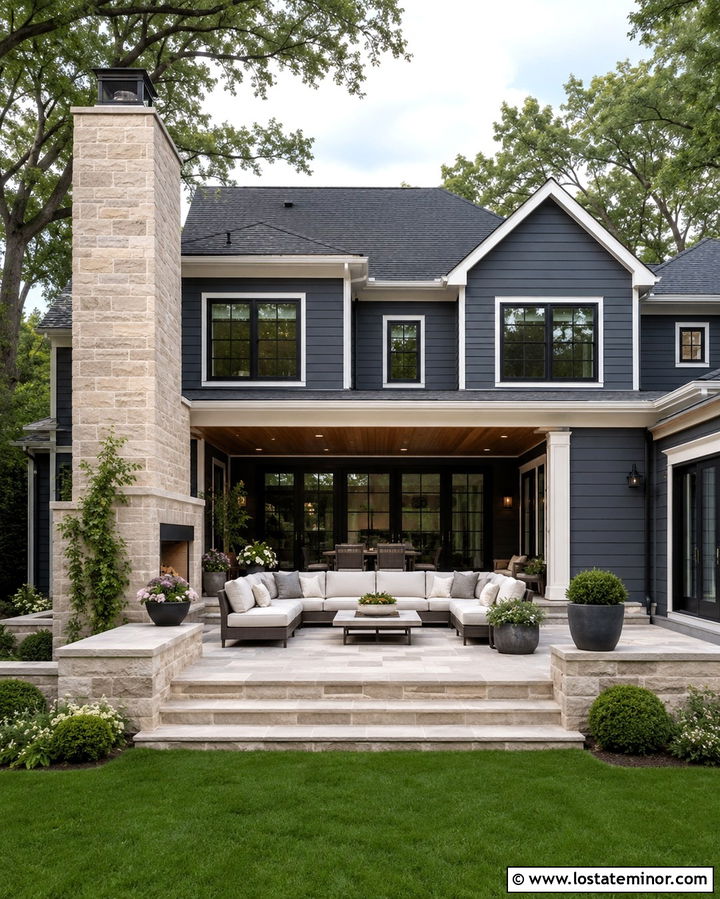 Slate Grey House With Backyard Fireplace - 30 Slate Grey House Design With Backyard Ideas