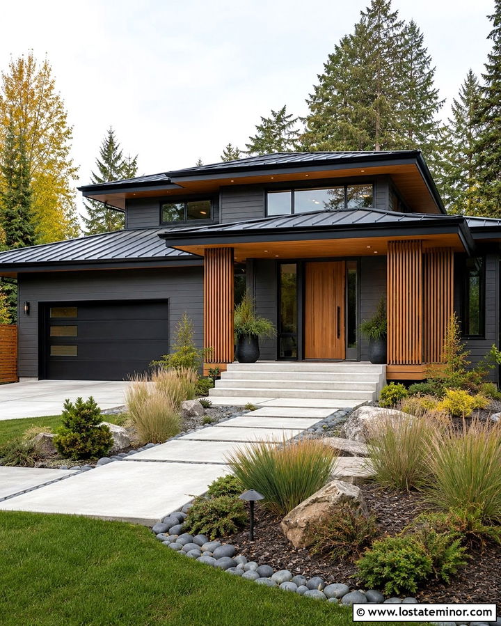 Slate Grey House With Bamboo Tone Porch Ceiling - 30 Slate Grey House Design With Porch Ceiling Ideas