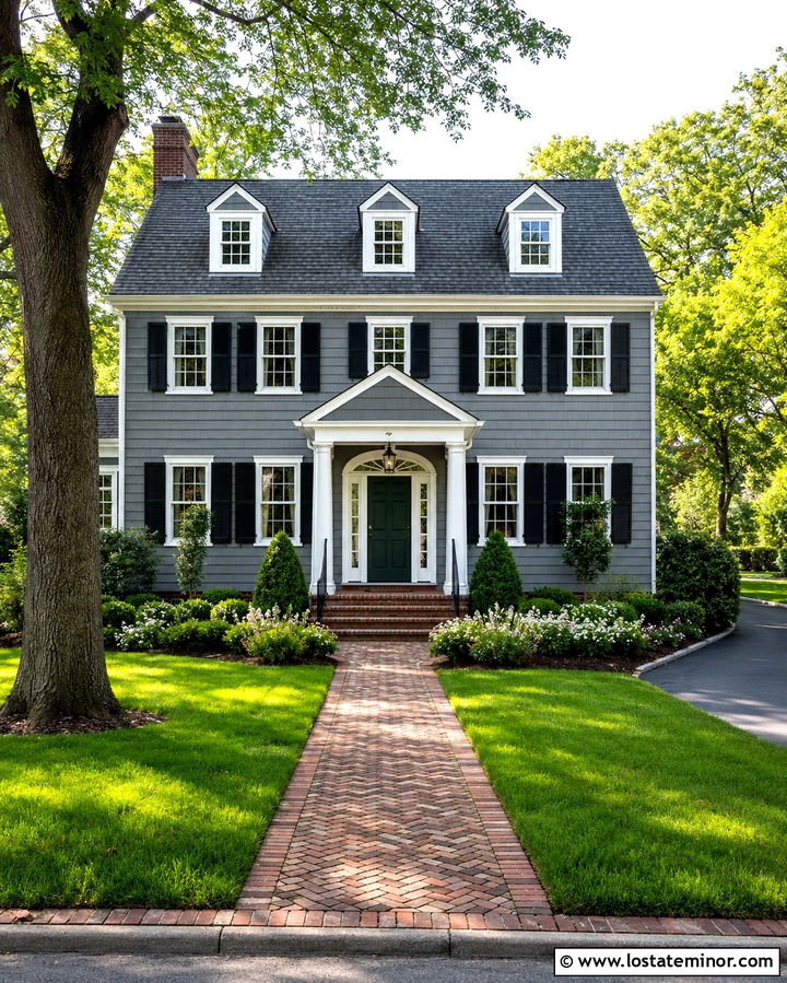 Slate Grey House With Basketweave Brick Walkway - 30 Slate Grey House Design With Walkway Ideas