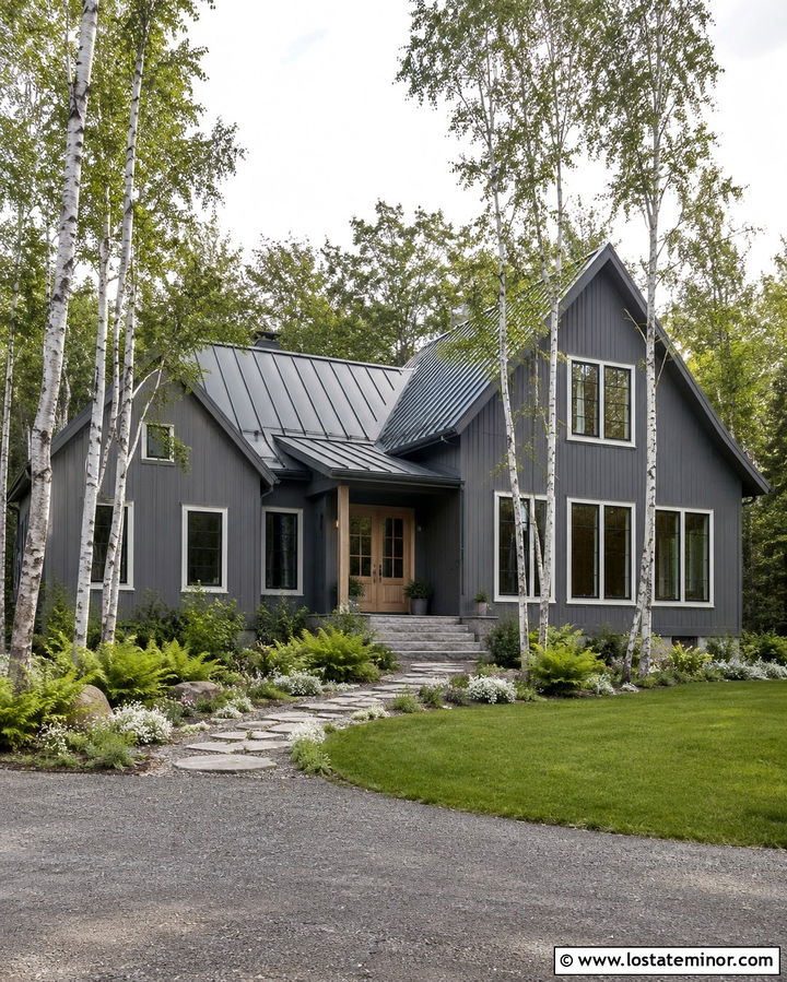 Slate Grey House With Birch Trees - 30 Slate Grey House Design With Landscaping Ideas