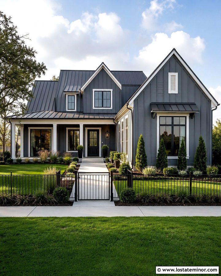 Slate Grey House With Black Aluminum Fence - 30 Slate Grey House Design With Fence Ideas