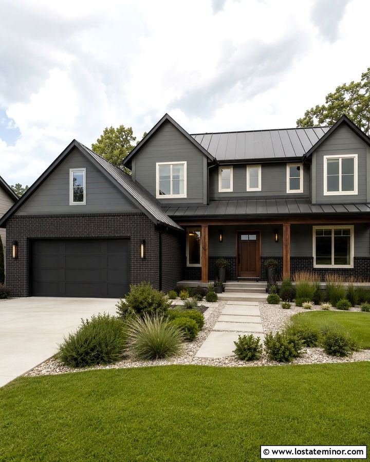Slate Grey House With Black Brick Accents - 30 Slate Grey House Design With Brick Accents Ideas