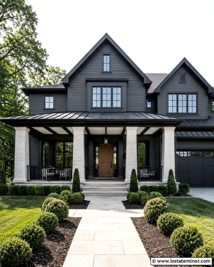 Slate Grey House With Black Coffered Porch Ceiling - 30 Slate Grey House Design With Porch Ceiling Ideas