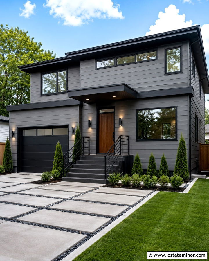 Slate Grey House With Black Concrete Steps - 30 Slate Grey House Design With Steps Ideas
