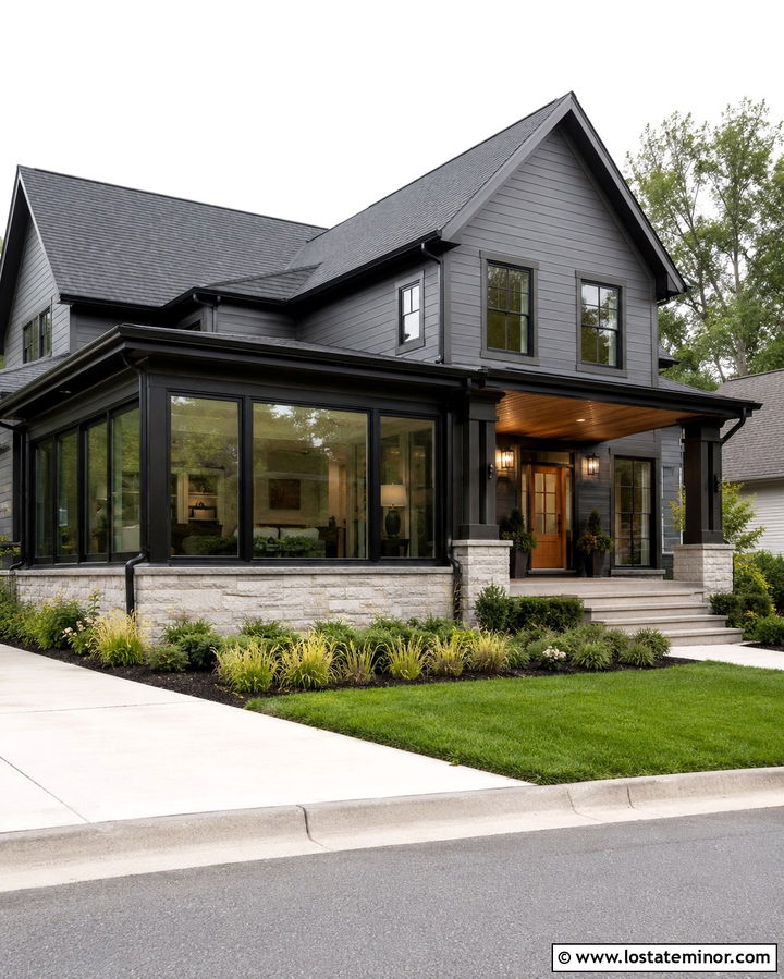 Slate Grey House With Black Frame Sunroom - 30 Slate Grey House Design With Sunroom Ideas