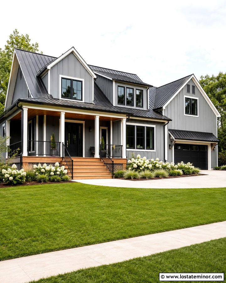 Slate Grey House With Black Front Door And Deck - 30 Slate Grey House Design With Deck Ideas