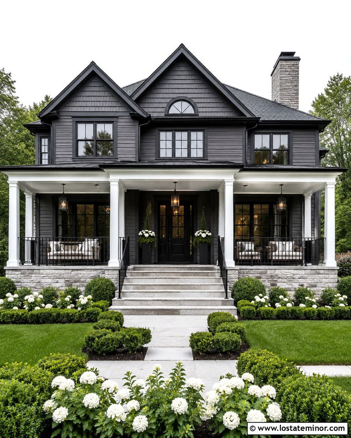 Slate Grey House With Black Front Door And Porch - 30 Slate Grey House Design With Front Porch Ideas
