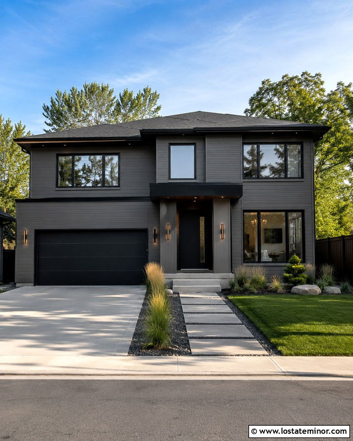 Slate Grey House With Black Garage Door - 30 Slate Grey House Design With Garage Door Ideas