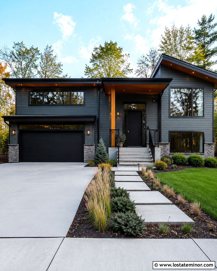 Slate Grey House With Black Garage Door - 30 Slate Grey House Design With Accents Ideas