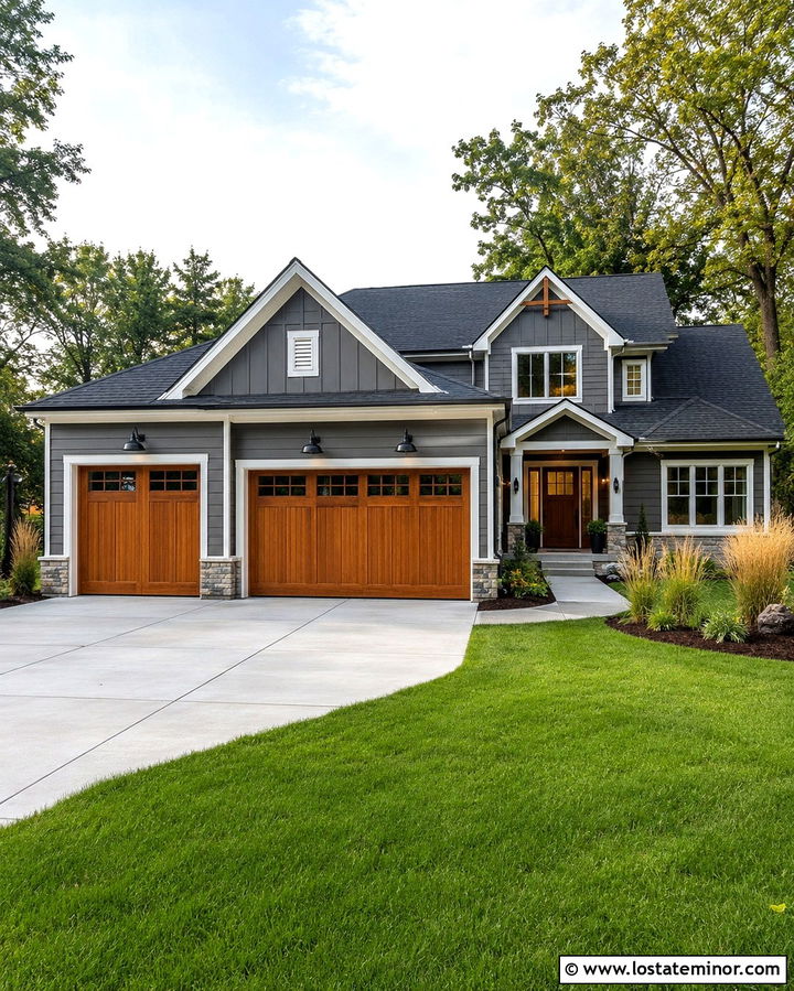 Slate Grey House With Black Garage Lights - 30 Slate Grey House Design With Light Fixtures Ideas