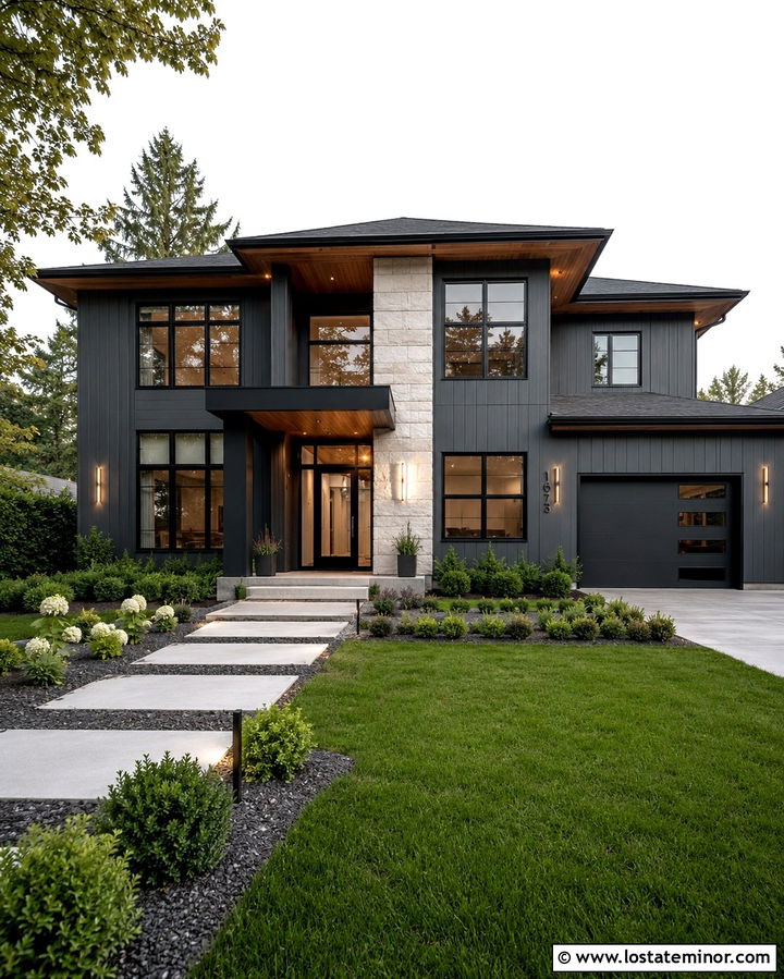 Slate Grey House With Black Glass Entry Door - 30 Slate Grey House Design With Entry Door Ideas