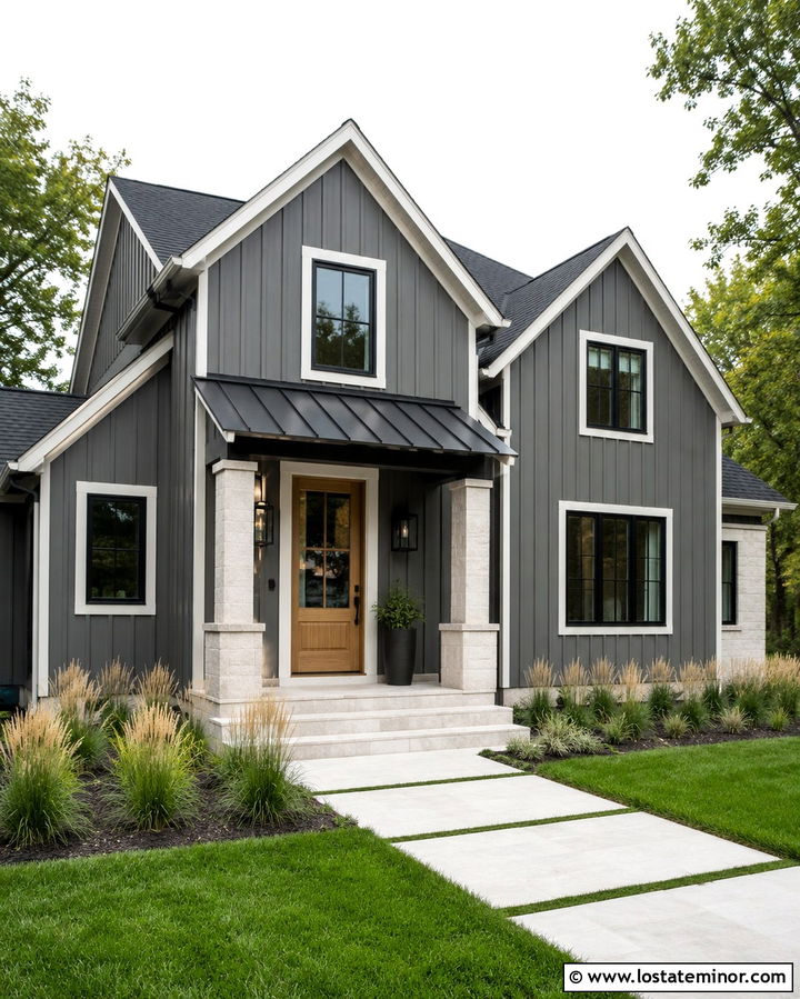 Slate Grey House With Black Metal Awning - 30 Slate Grey House Design With Awning Ideas
