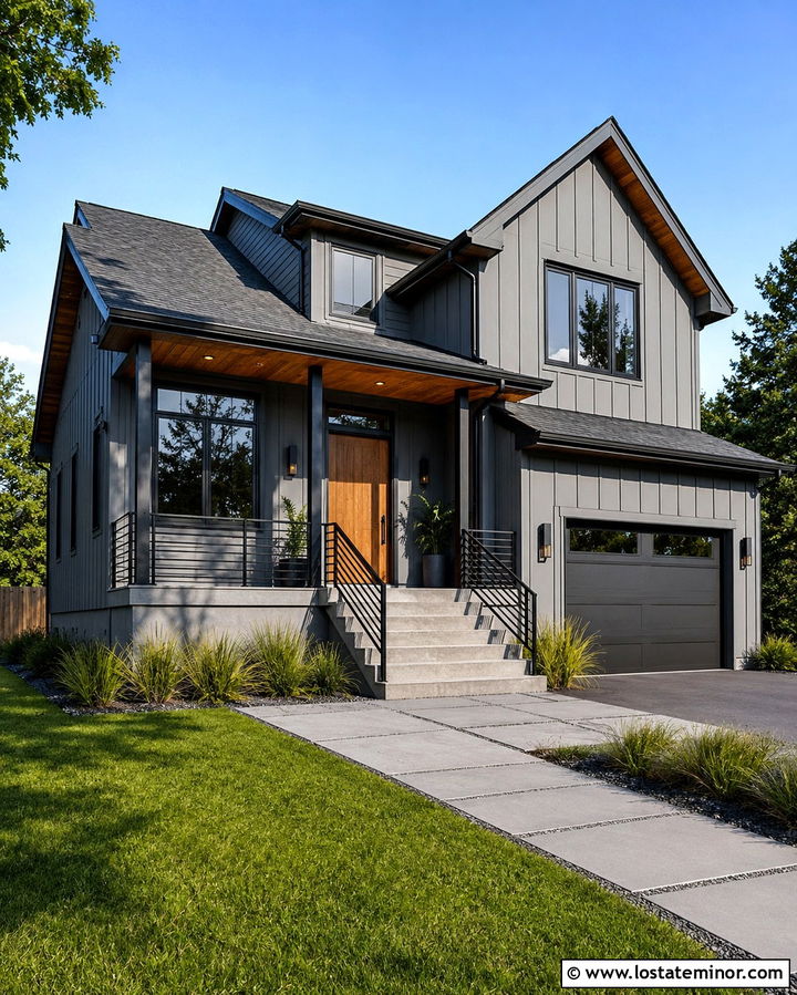 Slate Grey House With Black Metal Railings - 30 Slate Grey House Design With Railings Ideas