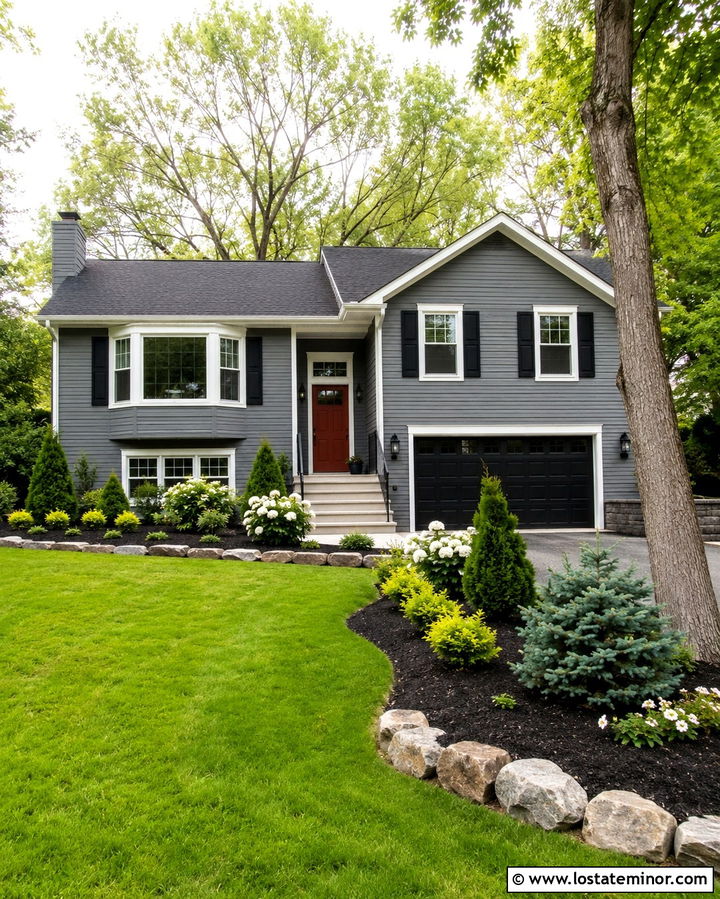 Slate Grey House With Black Mulch Beds - 30 Slate Grey House Design With Landscaping Ideas