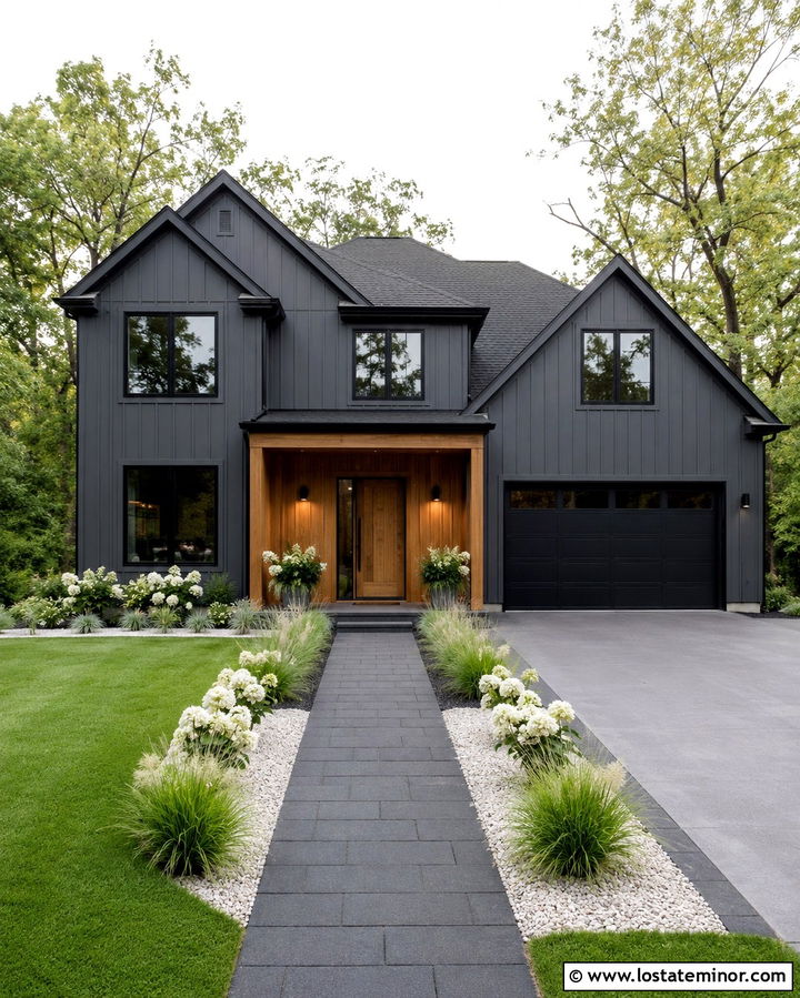 Slate Grey House With Black Paver Walkway - 30 Slate Grey House Design With Walkway Ideas