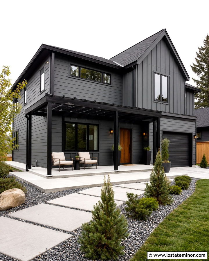 Slate Grey House With Black Pergola - 30 Slate Grey House Design With Pergola Ideas