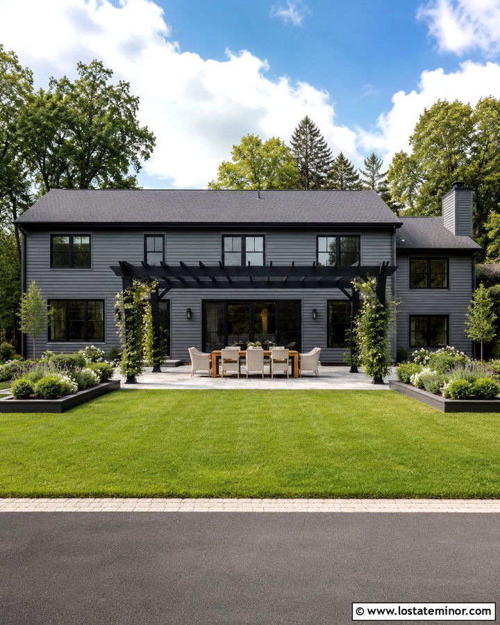 Slate Grey House With Black Pergola - 30 Slate Grey House Design With Backyard Ideas