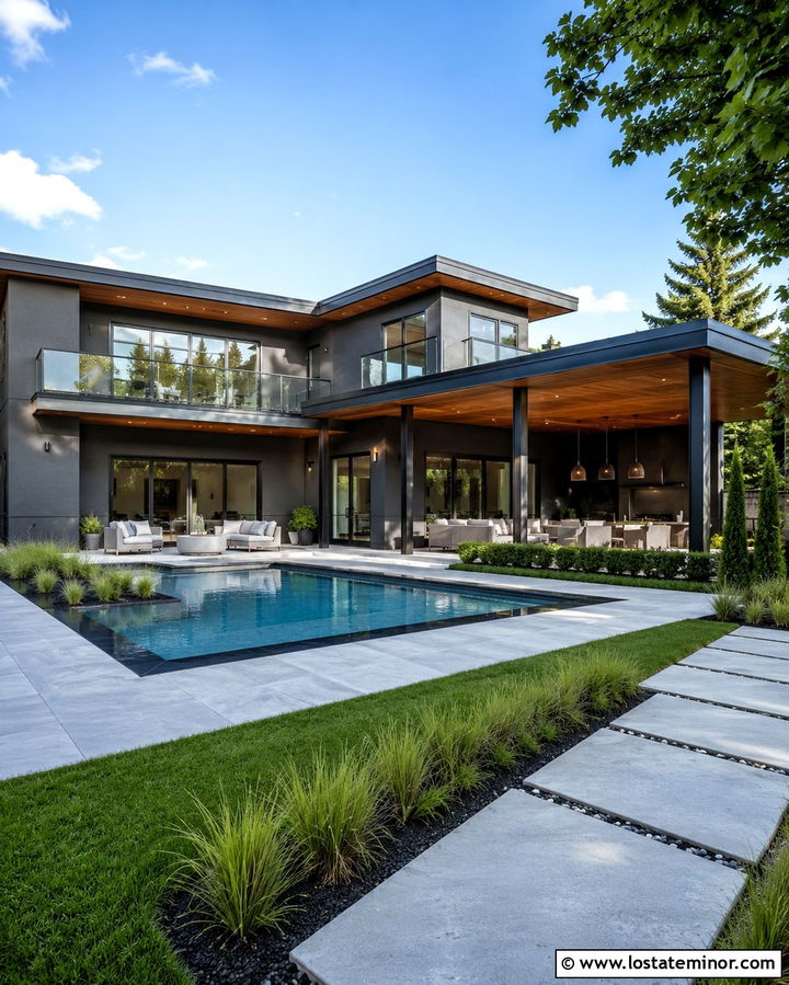 Slate Grey House With Black Pool Coping - 30 Slate Grey House Design With Swimming Pool Ideas