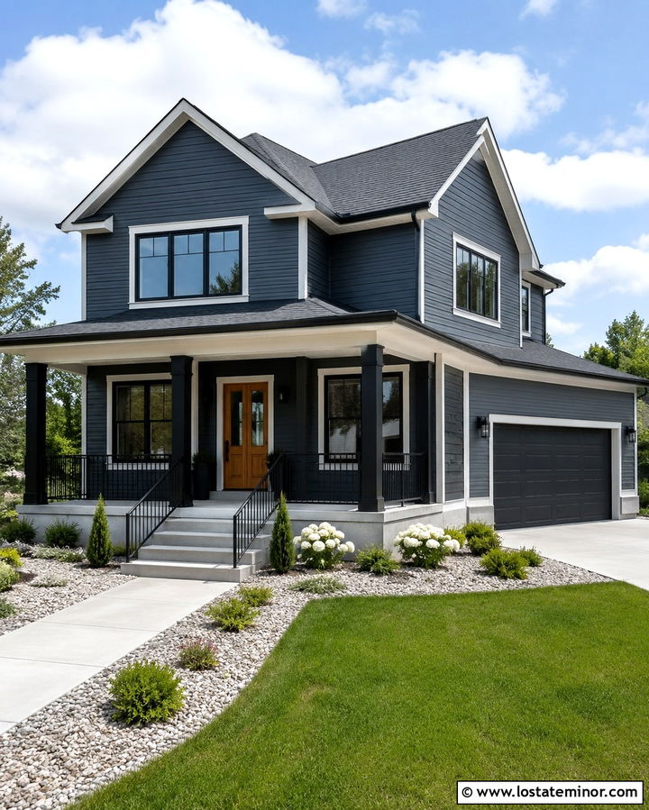 Slate Grey House With Black Porch Columns - 30 Slate Grey House Design With Porch Columns Ideas