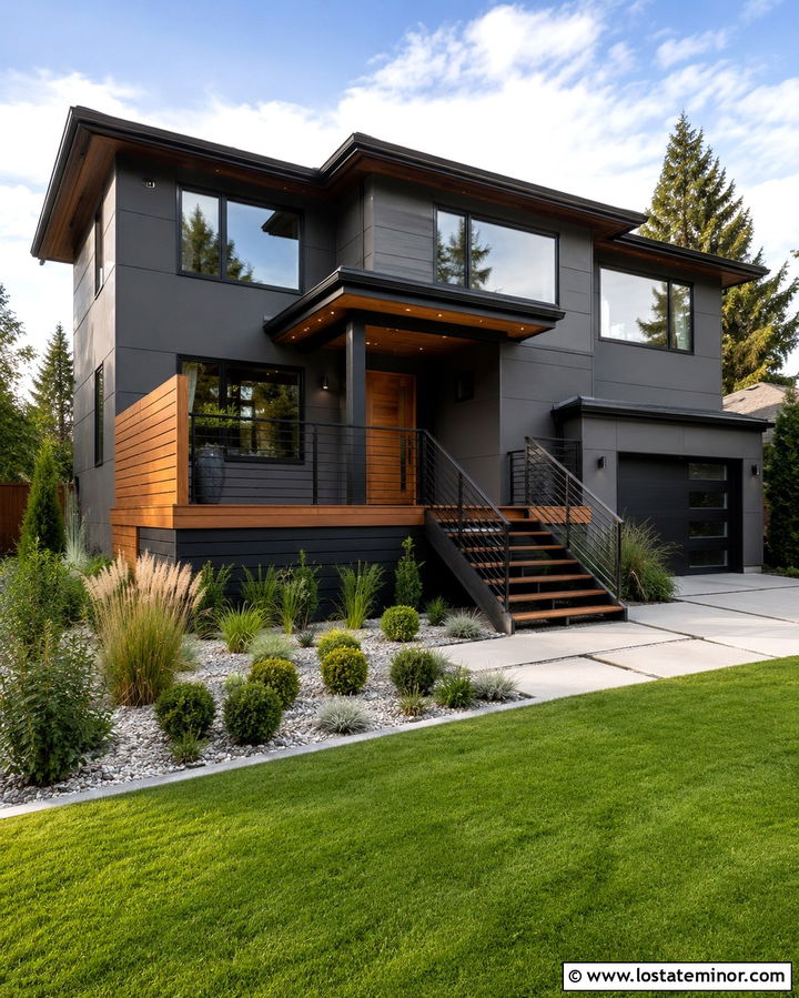 Slate Grey House With Black Railing Deck - 30 Slate Grey House Design With Deck Ideas