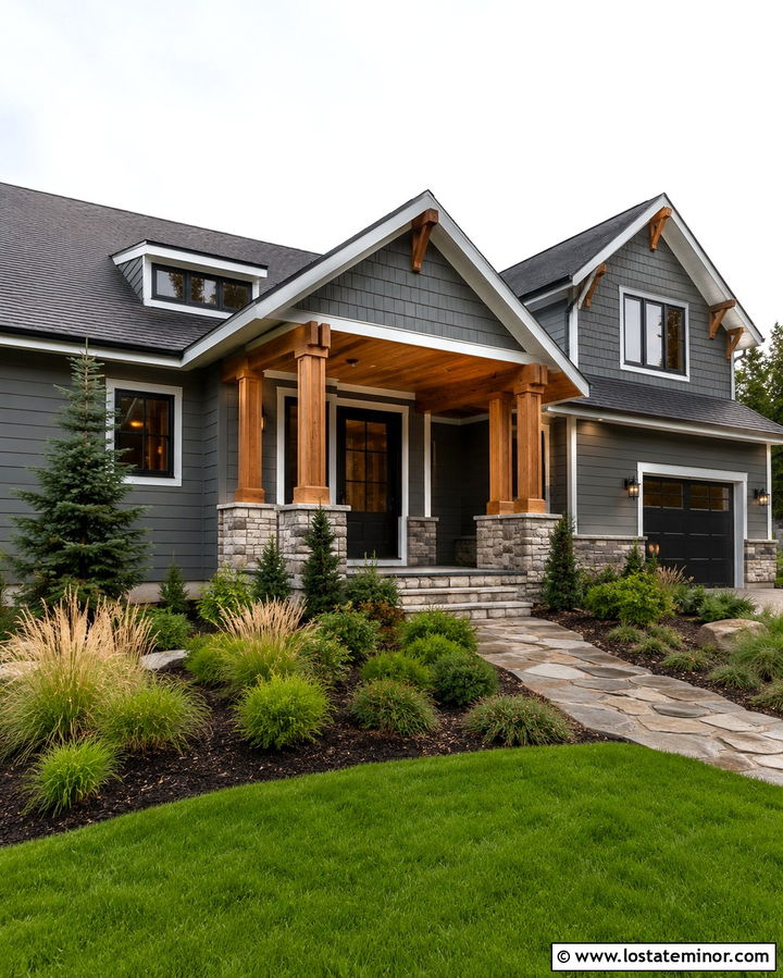 Slate Grey House With Black Storm Door And Cedar Porch - 30 Slate Grey House Design With Storm Door Ideas