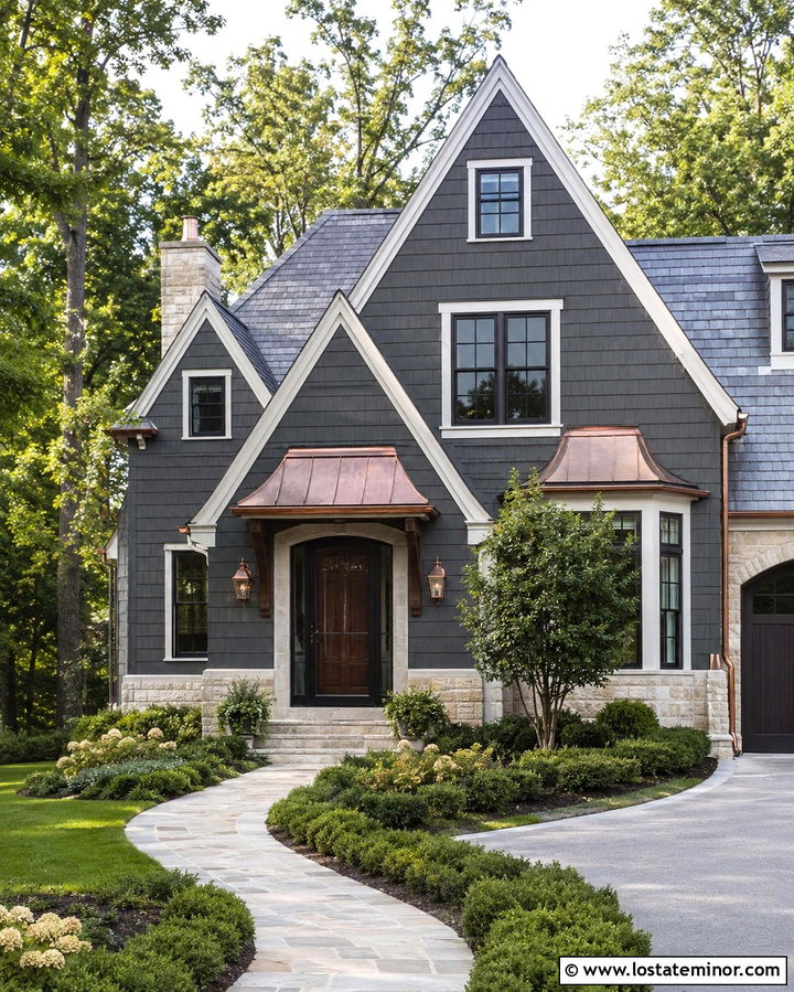 Slate Grey House With Black Storm Door And Copper Accents - 30 Slate Grey House Design With Storm Door Ideas