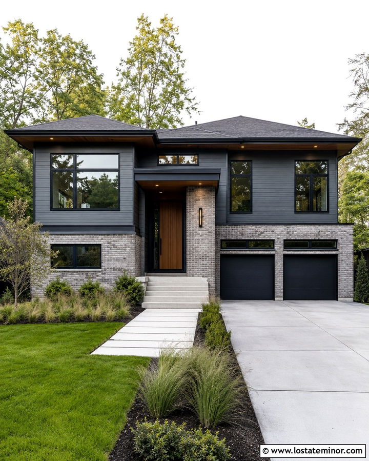 Slate Grey House With Black Trim And Brick Wainscoting - 30 Slate Grey House Design With Wainscoting Ideas