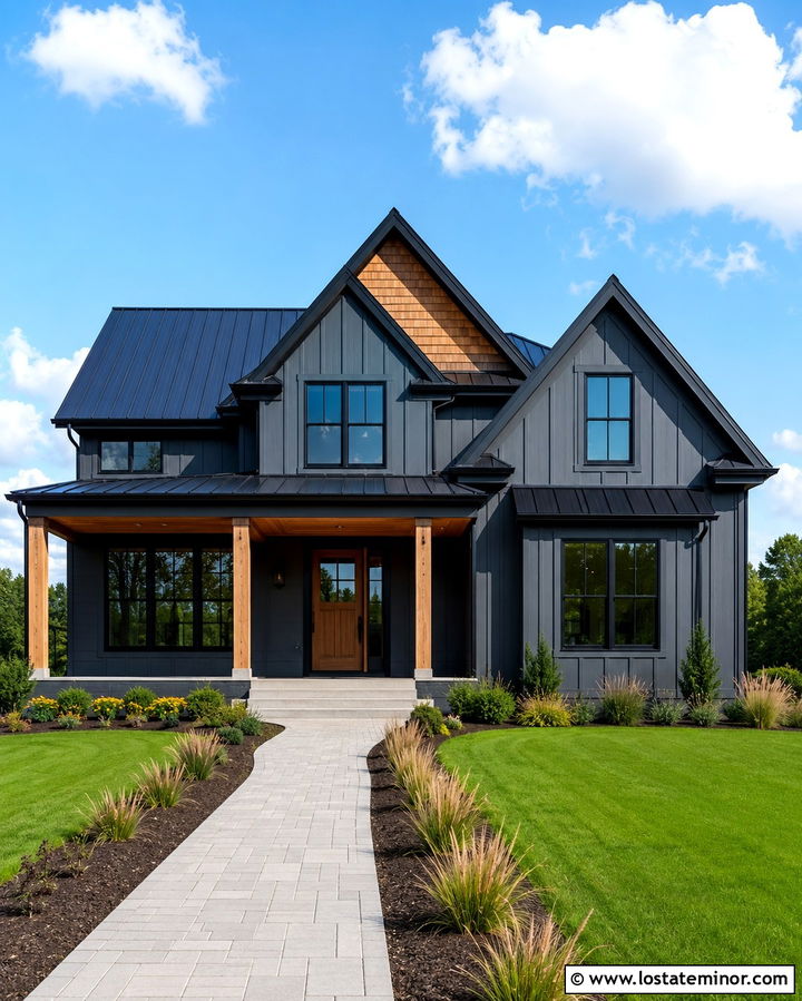 Slate Grey House With Black Trim And Cedar Accents - 30 Slate Grey House Design With Accents Ideas