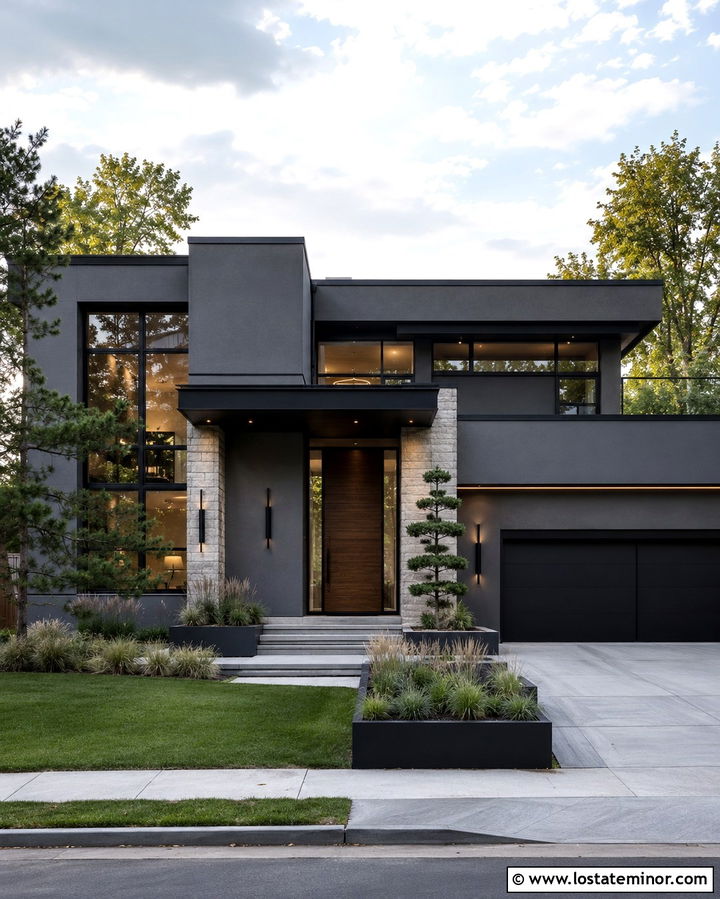 Slate Grey House With Black Trim And Linear Lighting - 30 Slate Grey House Design With Lighting Ideas