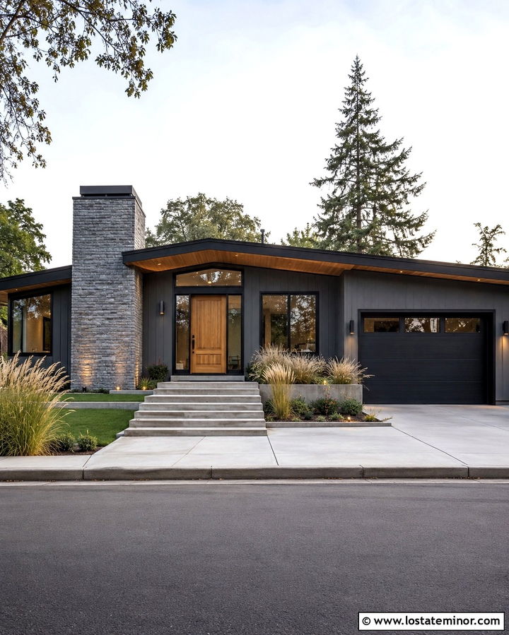 Slate Grey House With Black Trim And Wood Door - 30 Slate Grey House Design With Chimney Ideas