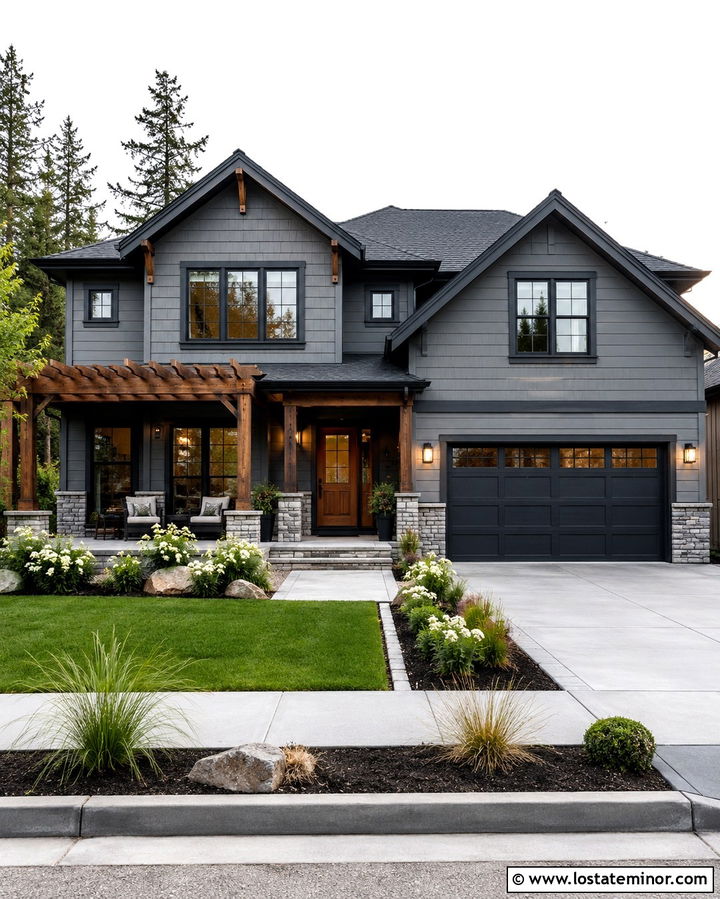 Slate Grey House With Black Trim And Wood Pergola - 30 Slate Grey House Design With Pergola Ideas