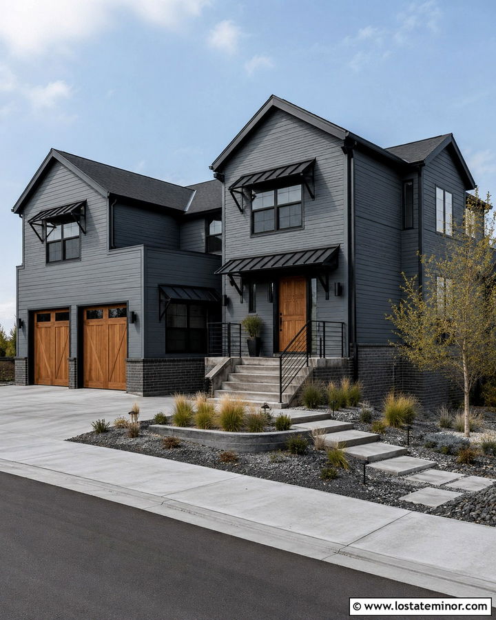 Slate Grey House With Black Window Awnings - 30 Slate Grey House Design With Awning Ideas