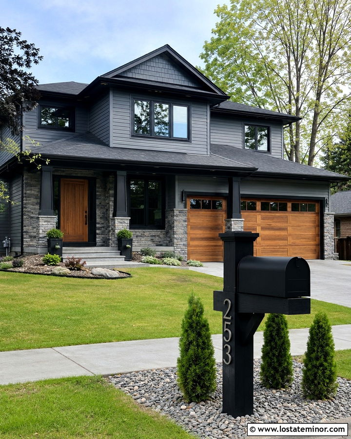 Slate Grey House With Black Wood Mailbox Post - 30 Slate Grey House Design With Mailbox Ideas