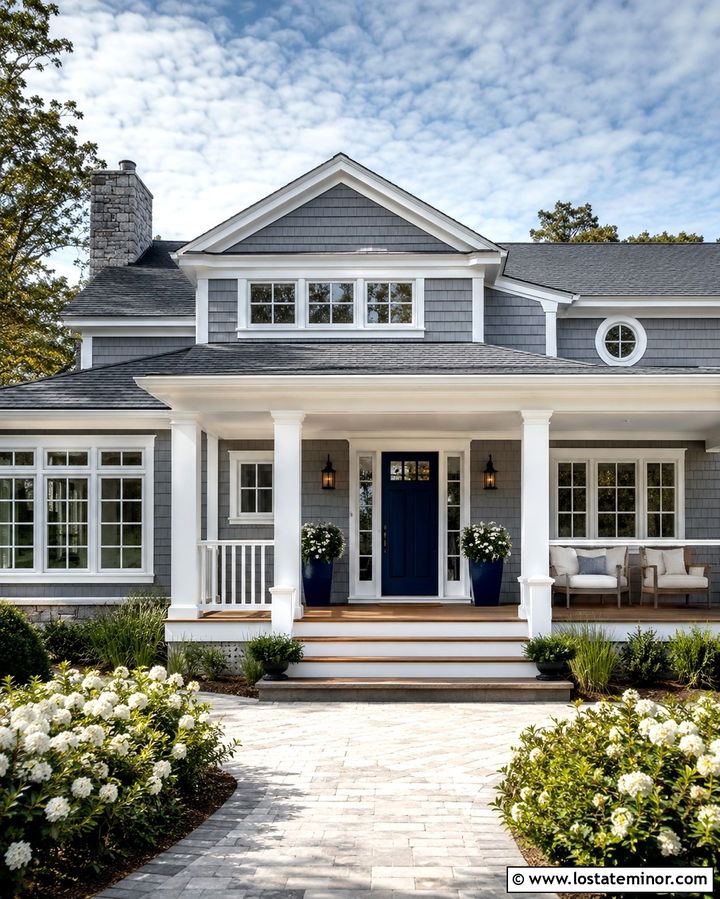 Slate Grey House With Blue Door And Front Porch - 30 Slate Grey House Design With Front Porch Ideas