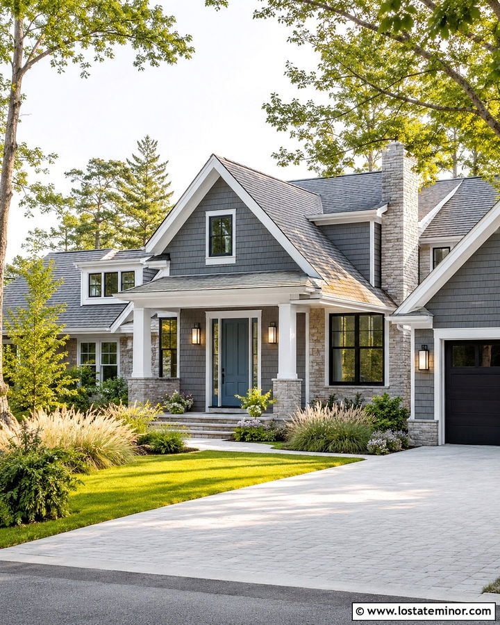 Slate Grey House With Blue Door And Silver Lights - 30 Slate Grey House Design With Light Fixtures Ideas