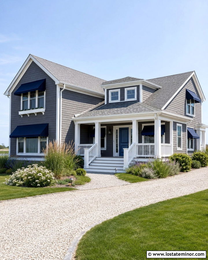 Slate Grey House With Blue Fabric Awning - 30 Slate Grey House Design With Awning Ideas