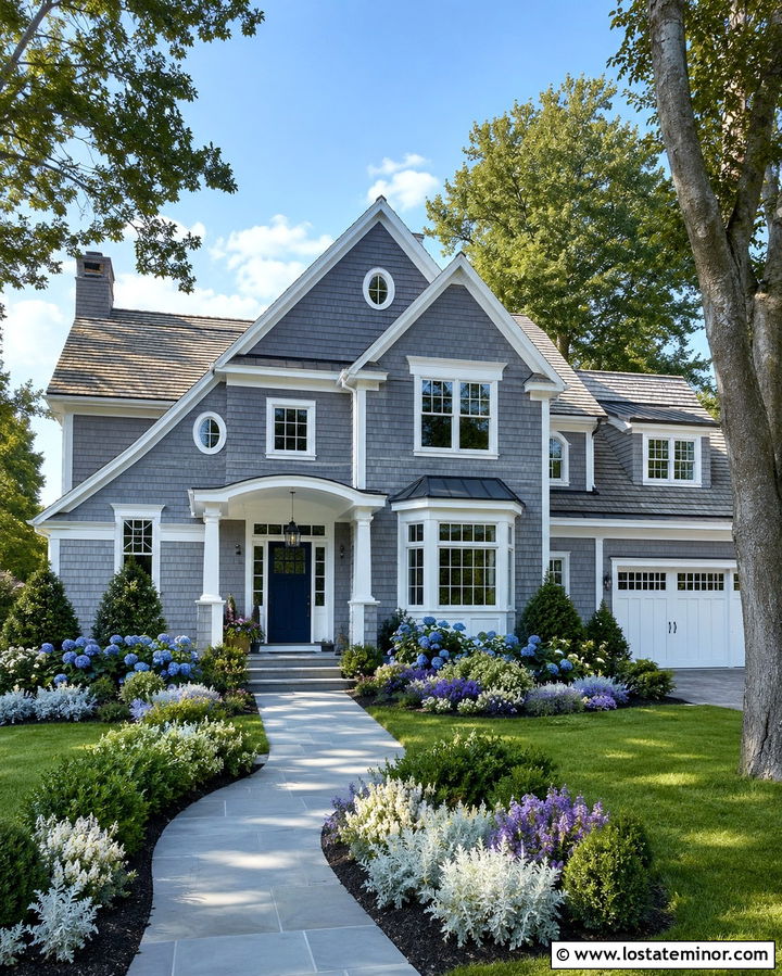 Slate Grey House With Blue Flower Beds - 30 Slate Grey House Design With Landscaping Ideas