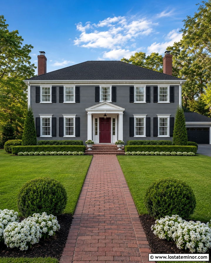 Slate Grey House With Boxwood Foundation Planting - 30 Slate Grey House Design With Landscaping Ideas