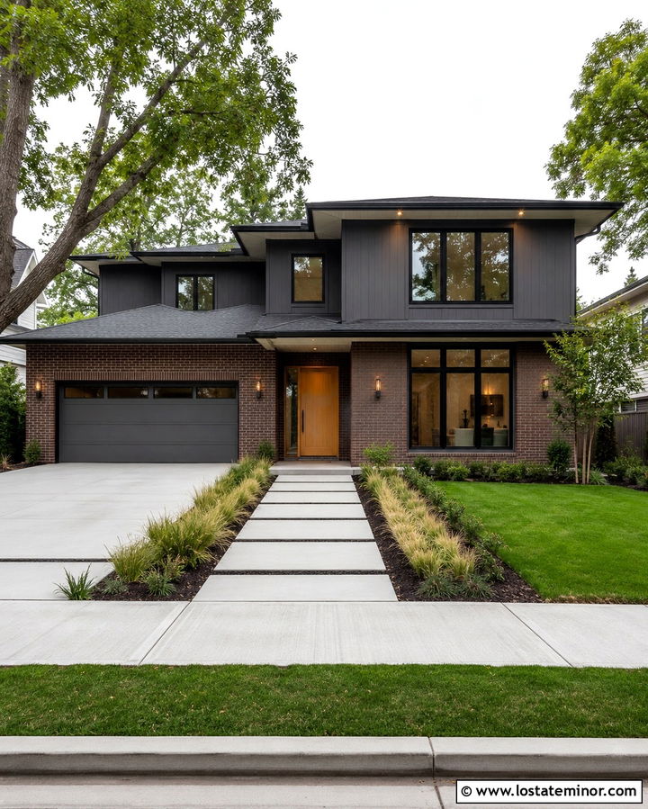 Slate Grey House With Brick And Black Windows - 30 Slate Grey House Design With Brick Accents Ideas