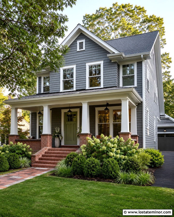 Slate Grey House With Brick And Sage Green Door - 30 Slate Grey House Design With Brick Accents Ideas