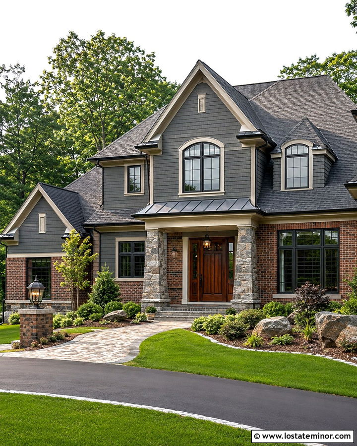 Slate Grey House With Brick And Stone Accents - 30 Slate Grey House Design With Brick Accents Ideas