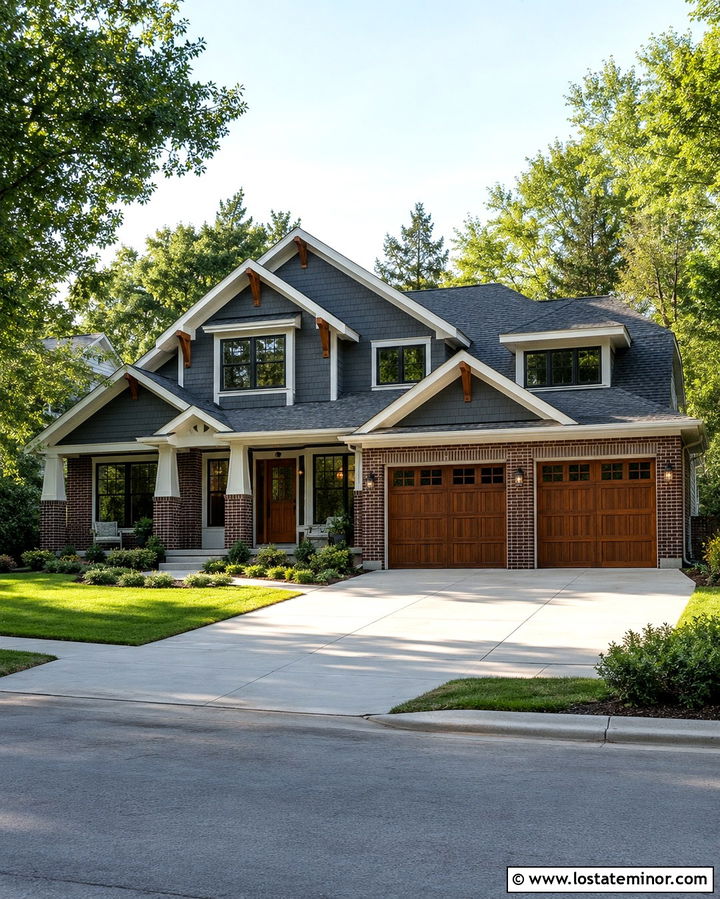 Slate Grey House With Brick And Wood Garage Doors - 30 Slate Grey House Design With Brick Accents Ideas