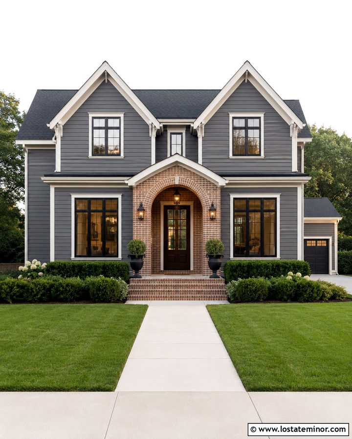 Slate Grey House With Brick Arch Entry - 30 Slate Grey House Design With Brick Accents Ideas