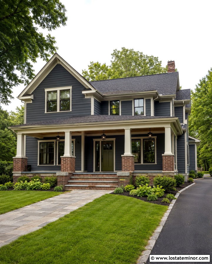 Slate Grey House With Brick Column Bases - 30 Slate Grey House Design With Porch Columns Ideas
