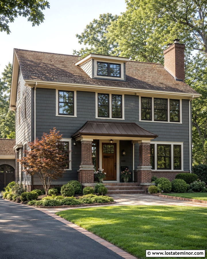 Slate Grey House With Brick Entry Awning - 30 Slate Grey House Design With Awning Ideas
