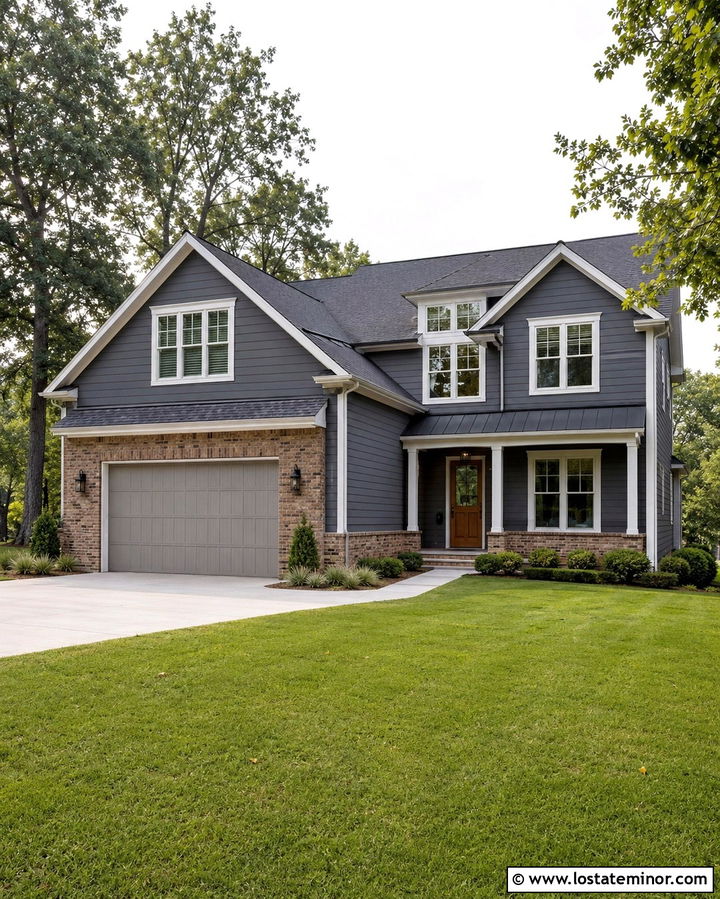 Slate Grey House With Brick Garage Surround - 30 Slate Grey House Design With Brick Accents Ideas