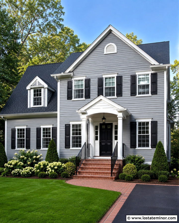 Slate Grey House With Brick Porch And Black Railings - 30 Slate Grey House Design With Railings Ideas