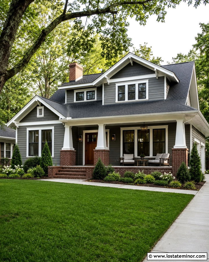 Slate Grey House With Brick Porch Columns - 30 Slate Grey House Design With Brick Accents Ideas