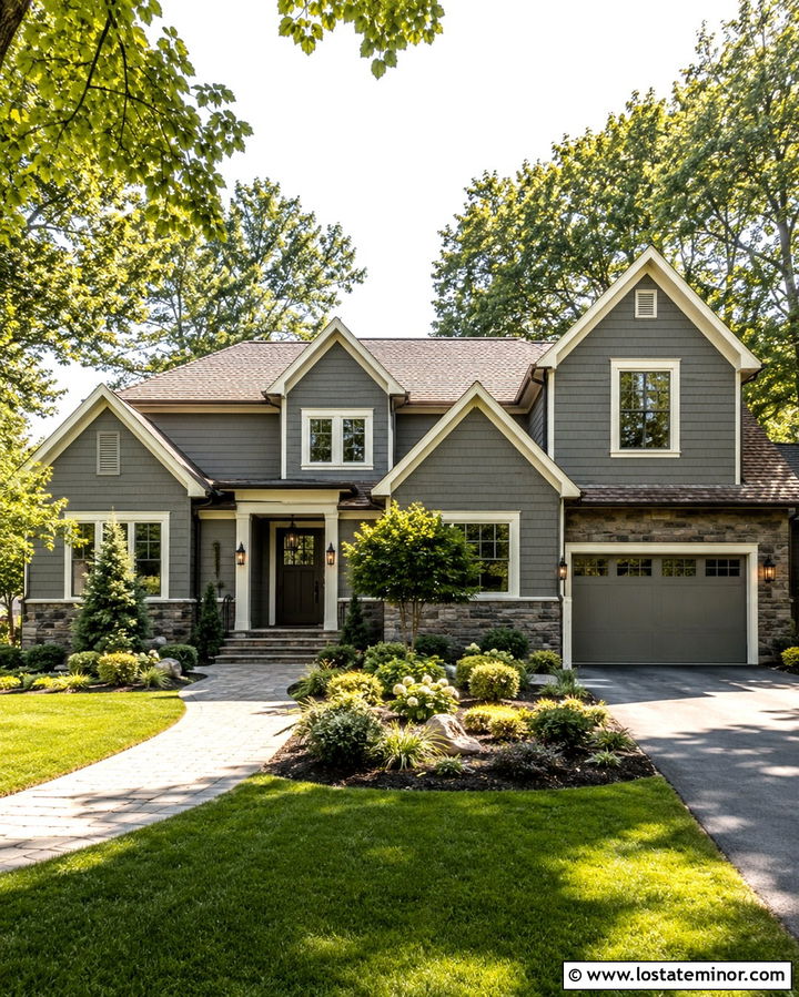 Slate Grey House With Bronze Storm Door And Taupe Stone - 30 Slate Grey House Design With Storm Door Ideas